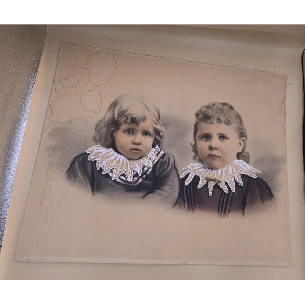 Large Antique Crayon Enlargement Portrait Victorian Young Children Boy Girl